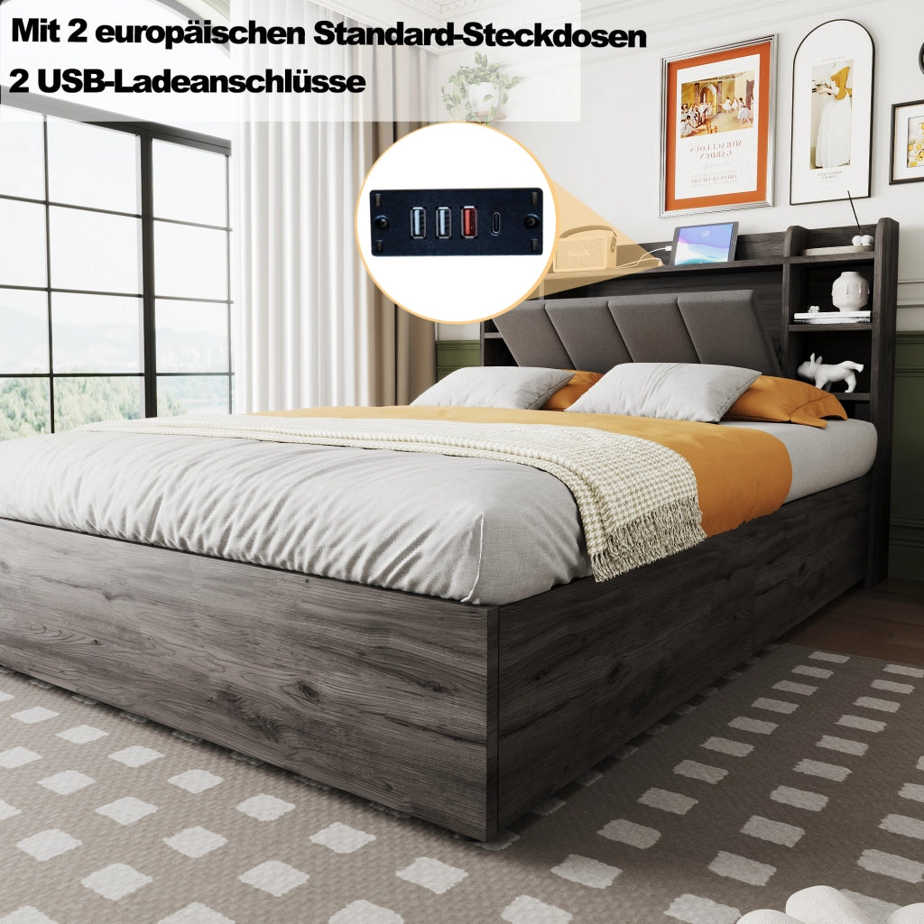 Letto contenitore 140 × 200 cm con testiera a ripiani MDF grigio prese USB e Type-C sollevamento idraulico