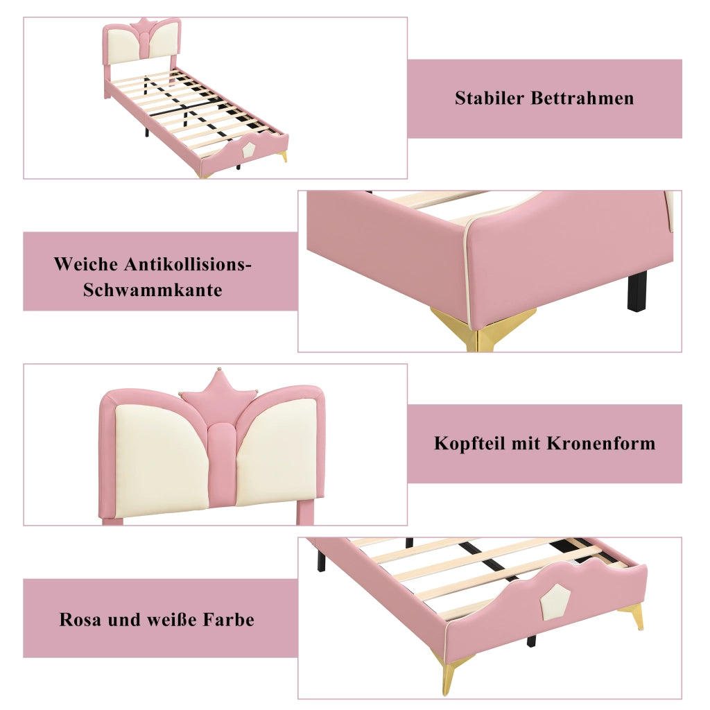 Letto singolo 90 × 200 cm con testiera a corona morbida in PU rosa e bianco