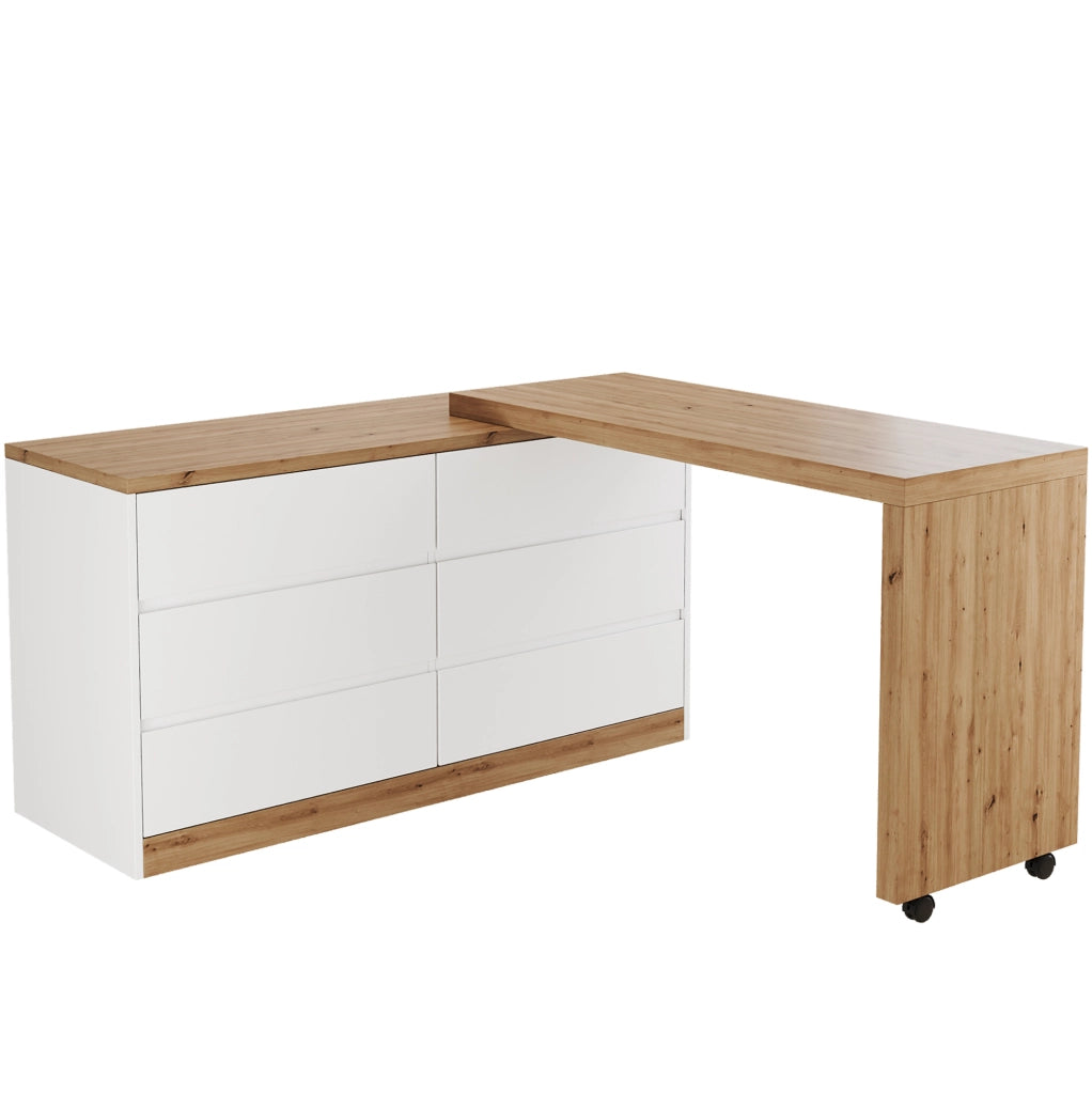 Scrivania girevole ULEVR 120x50 cm con 6 cassetti, ruote bloccabili e piano rotante, rovere e bianco