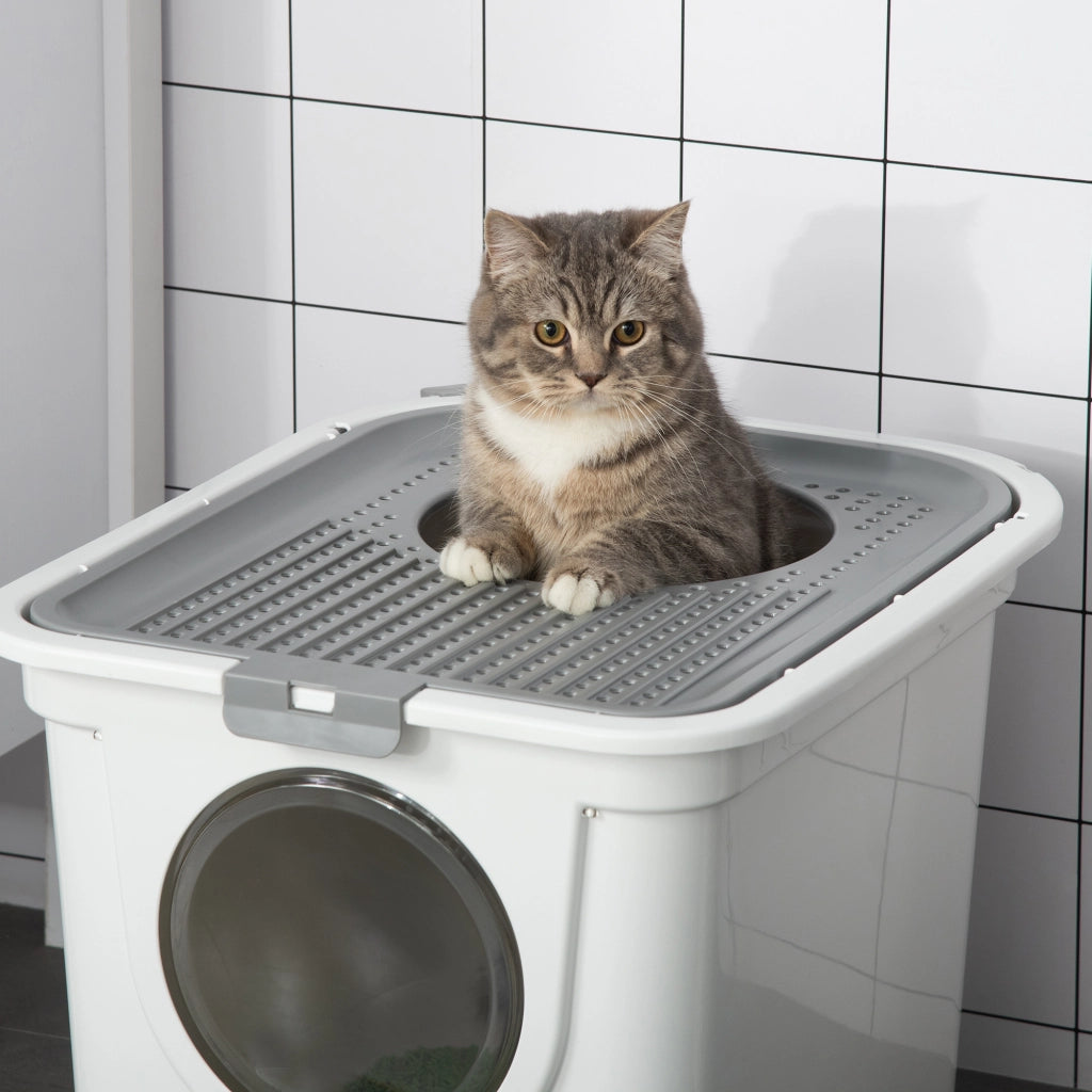 Arenero per Gatti Coperto con Paletta e 2 Porte ¨C Minimal ¨C 44x55x39 cm Bianco e Grigio