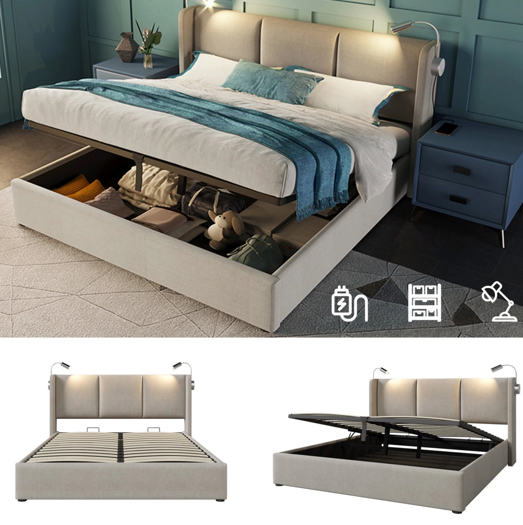 Letto matrimoniale imbottito contenitore 140 × 200 cm con luce USB; lino beige