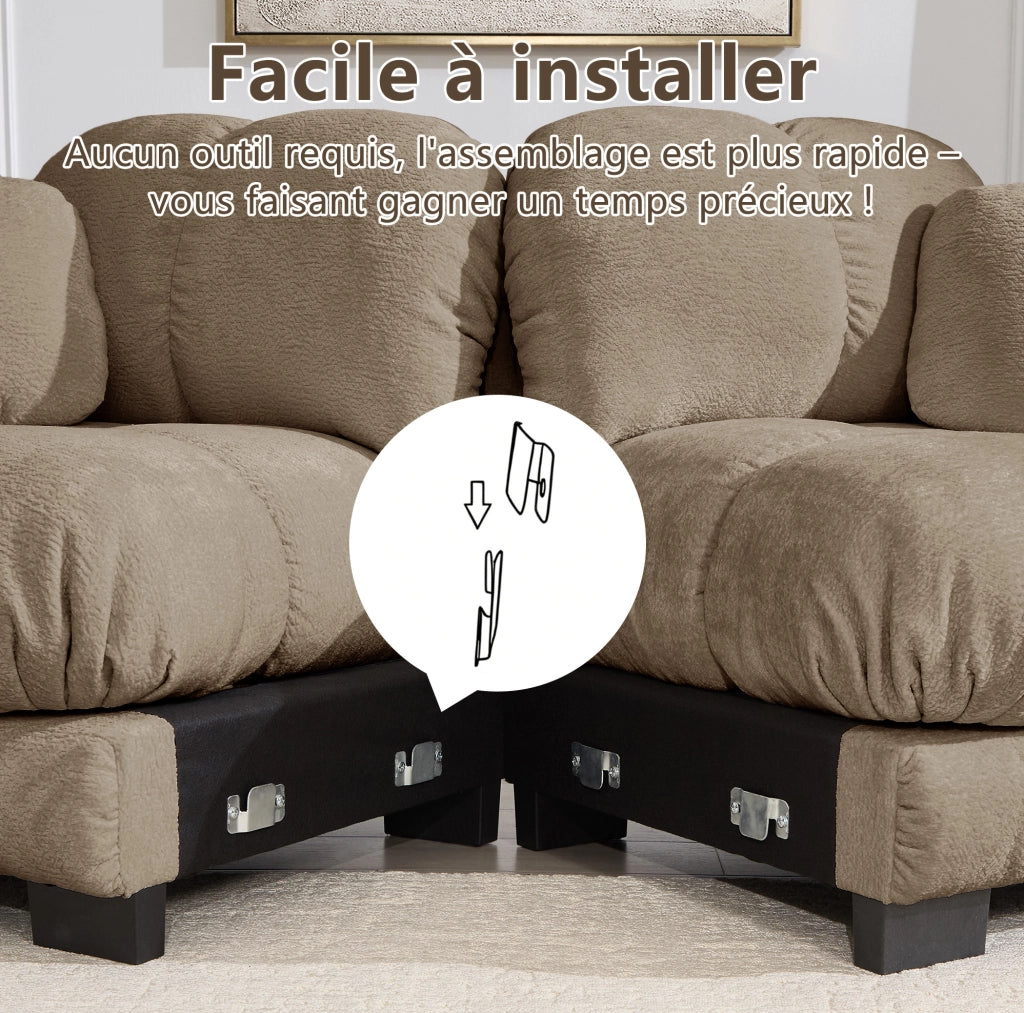 Divano a 3 posti a U in tessuto chenille marrone con pouf mobile e 2 cuscini decorativi