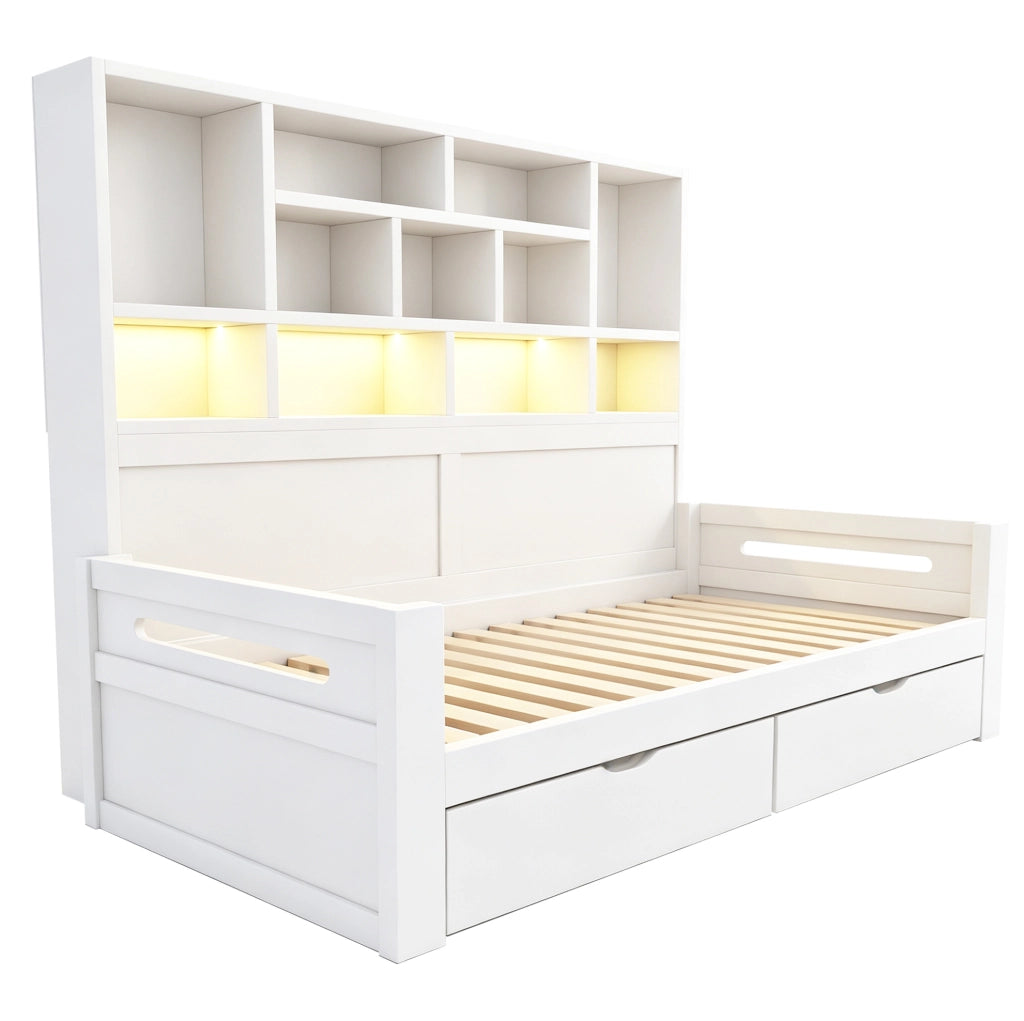 Letto singolo 90x200 cm in MDF bianco con LED, prese e contenitore