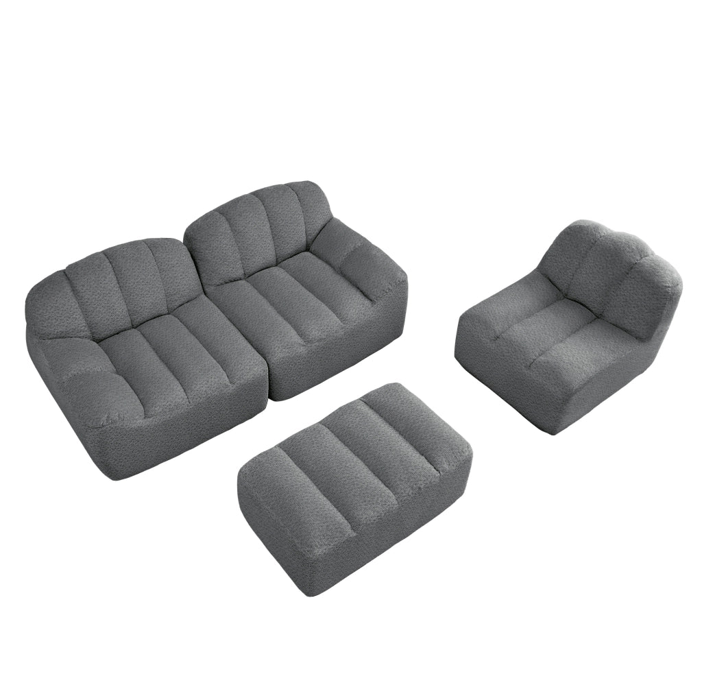 Divano modulare angolare a 3 posti con pouf, schiuma ad alta densità 32D, rivestimento in fleece granulato grigio