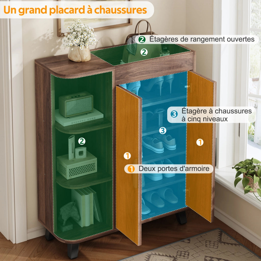 Scarpiera salvaspazio 80x32x99 cm con vani aperti e ante; in truciolare noce