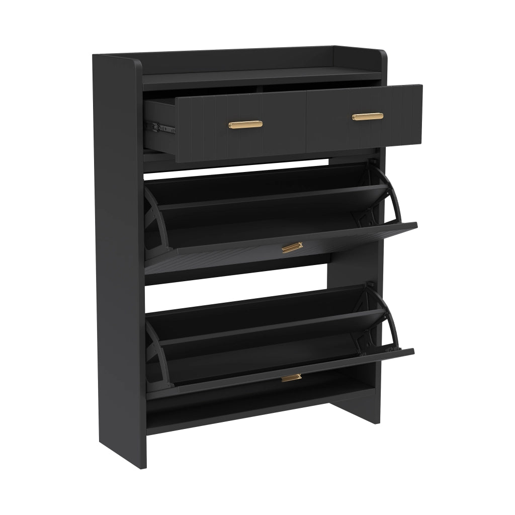 Scarpiera 75x24x108.5 cm con 2 vani a ribalta e cassetto in pannello di particelle nero