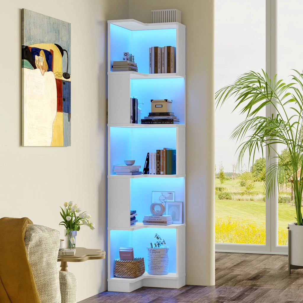 Libreria Angolare Bianca Scaffale a Forma di L con Luci LED e 5 Ripiani
