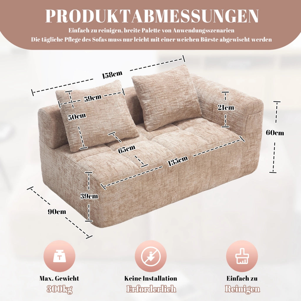 Divano 2 posti khaki con chaise longue, tessuto Chenille e cuscino, tasche laterali per telecomando e telefono