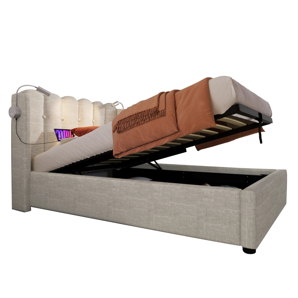 Letto Singolo 90x200 cm; Letto con Contenitore; Luce da Lettura e USB in Lino Beige