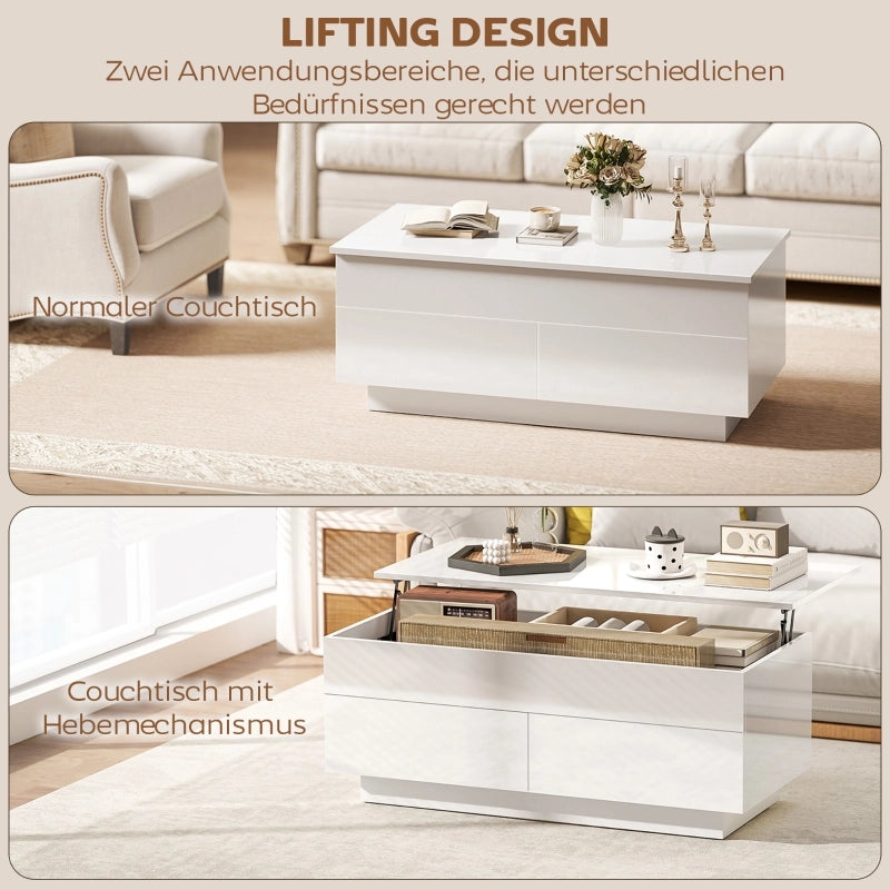 Tavolino basso alzabile con vano nascosto e 2 cassetti in legno e metallo bianco lucido 102 × 48 × 40 cm