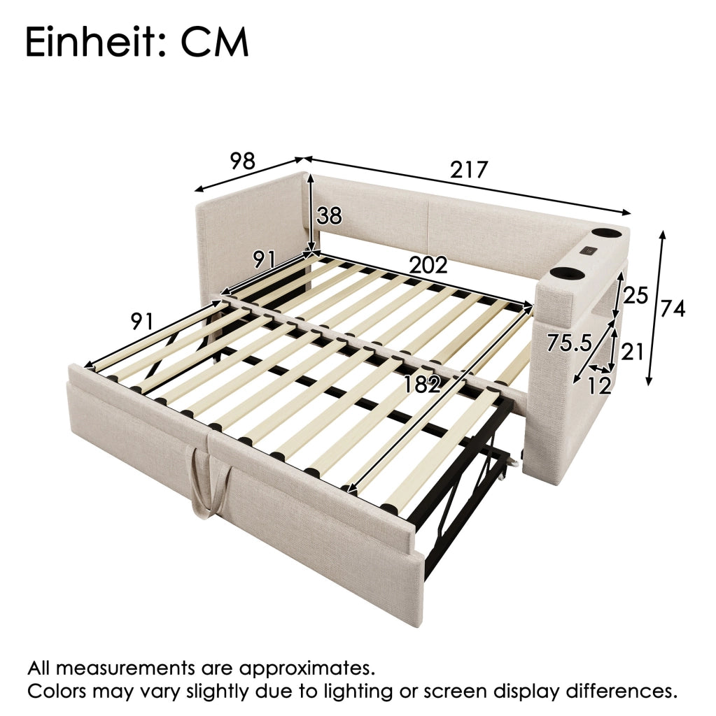 Divano letto estraibile 90x200 cm beige con USB, Type-C, portabicchieri e ripiani