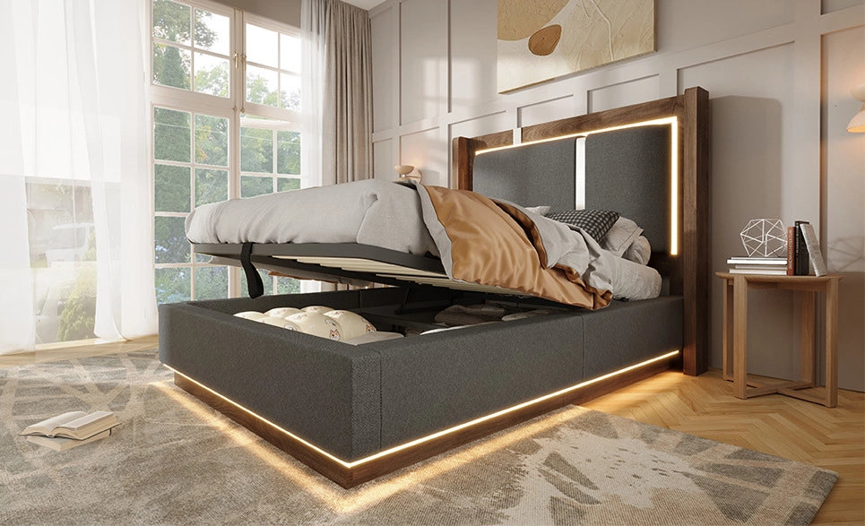 Letto singolo 90x200 cm con testiera imbottita in lino grigio, contenitore con sistema idraulico, LED integrati e rete a doghe in legno e metallo