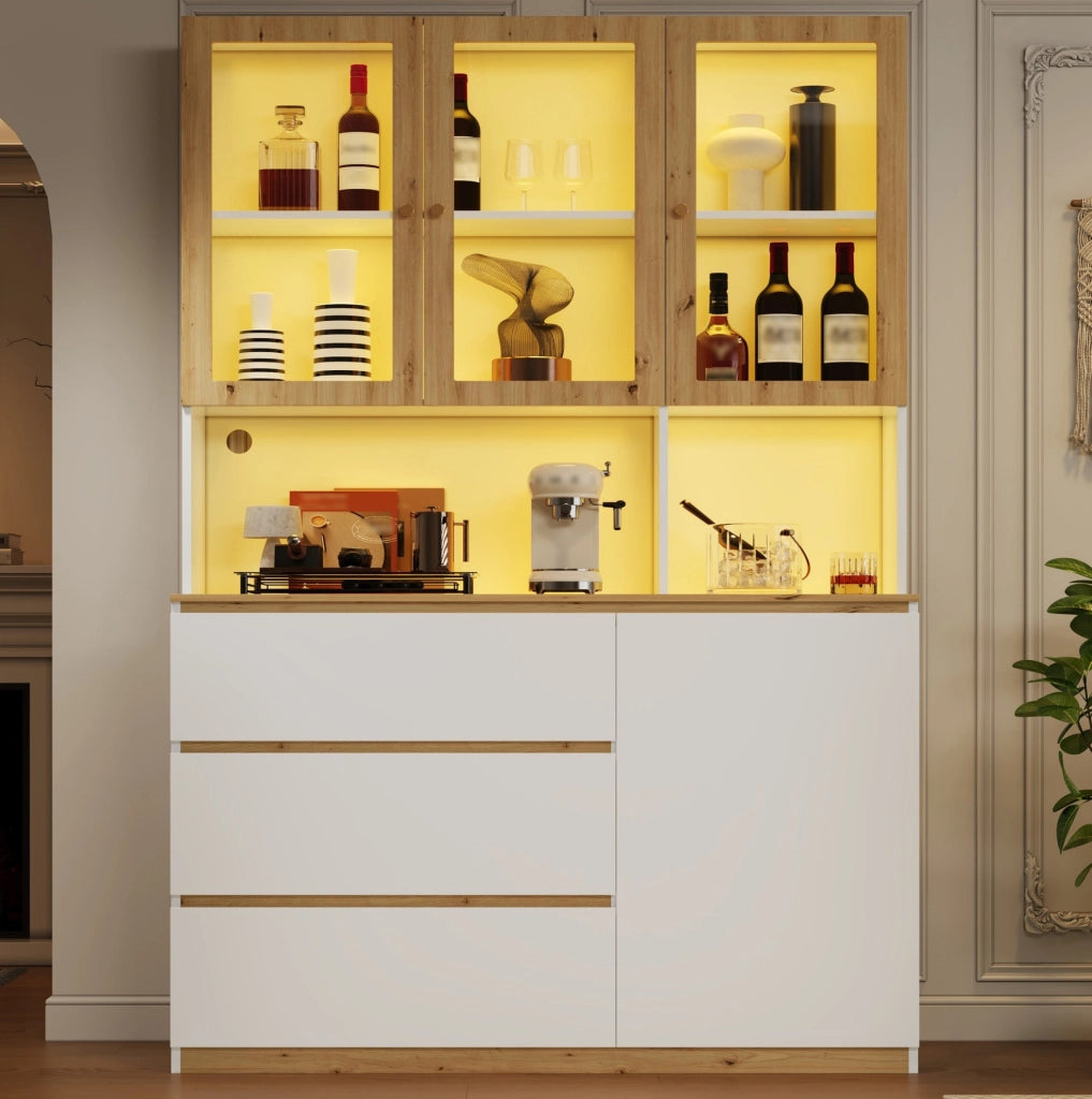 Vetrina alta multifunzione con LED, bianco e rovere