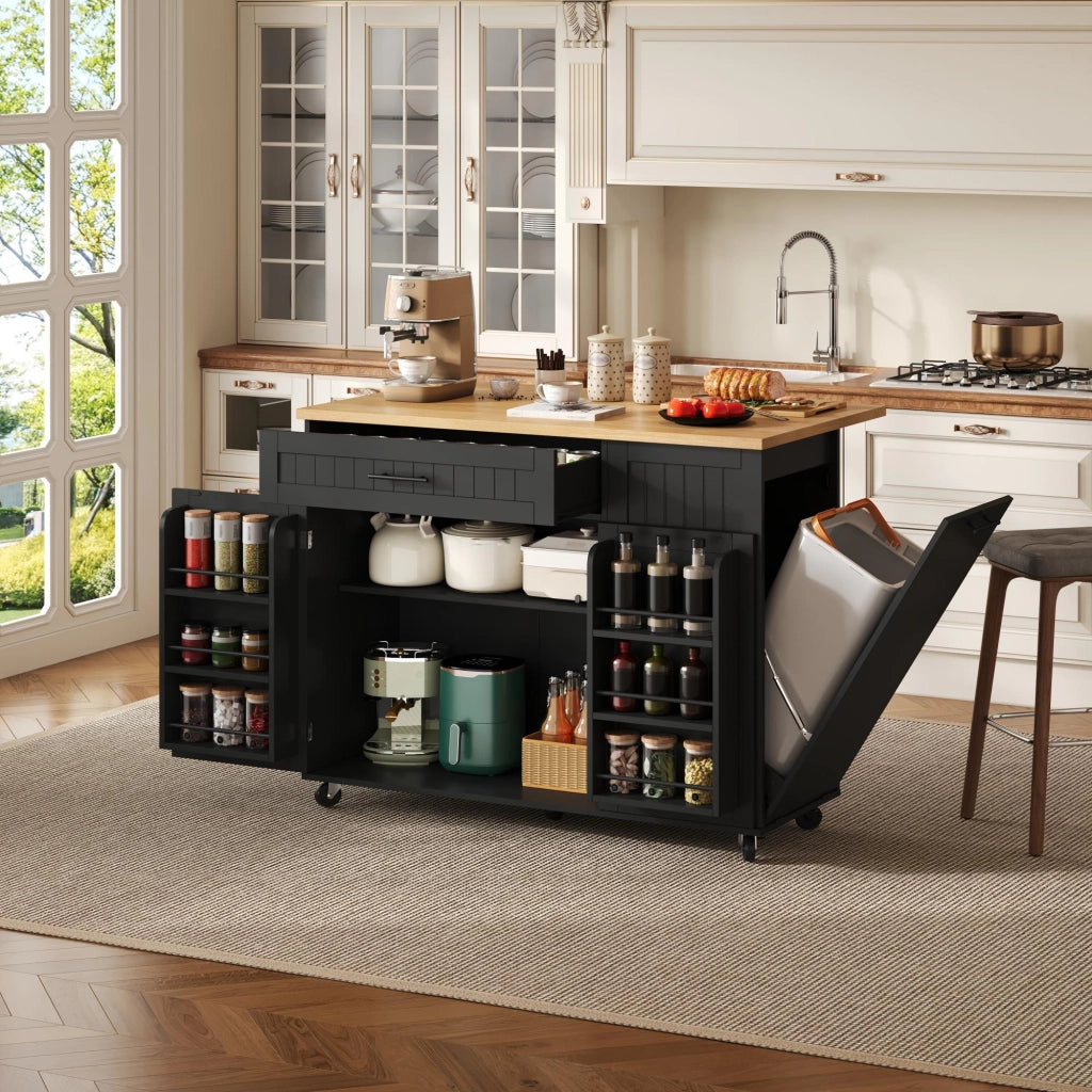 Mobile base da cucina con piano pieghevole; vano pattumiera; cassetto e ruote bloccabili nero 130 × 70 × 93 cm