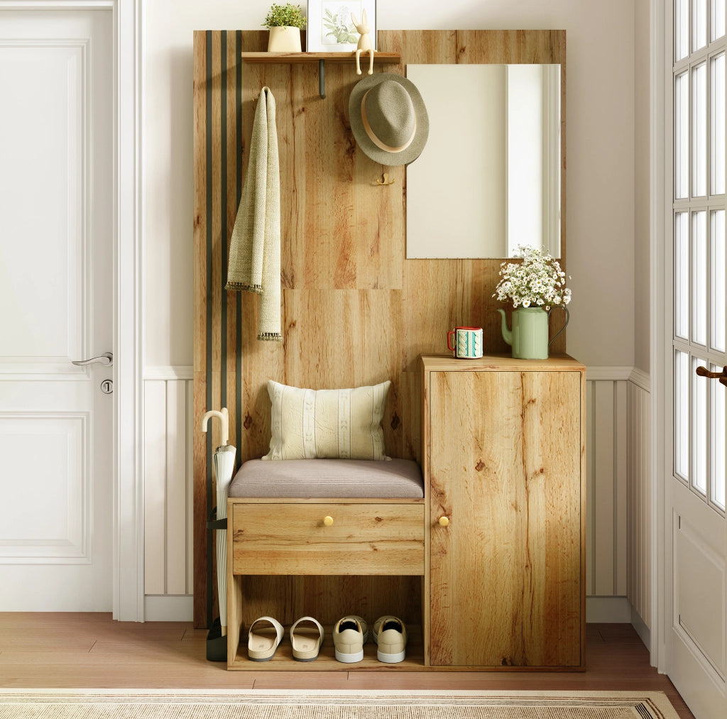 Mobile da ingresso 115x37x185 cm con specchio; seduta e ripiani in MDF naturale e nero