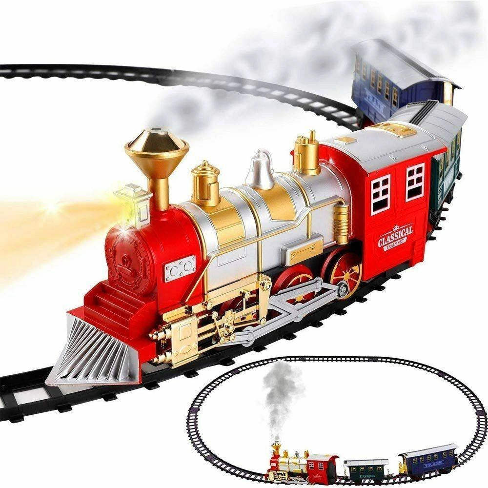 Trade Shop - Pista Trenino Giocattolo Bambini Treno Locomotiva Con Fumo Luce Suoni E 2 Vagoni -
