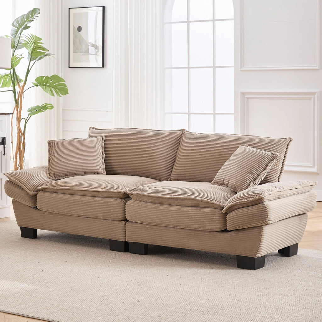 OKWISH Divano Lineare 2 Posti, Seduta Extra Profonda con Braccioli Imbottiti e 2 Cuscini, Velluto, Cachi, 224 × 81 × 81 cm
