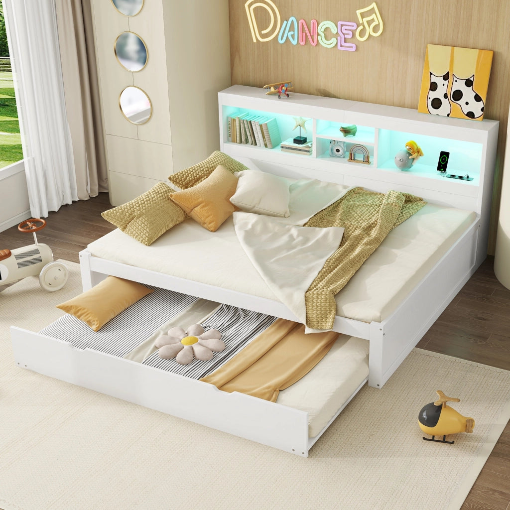 Letto estraibile matrimoniale 140×200 cm e 90×190 cm con LED; prese USB; ripiani e senza materasso; bianco