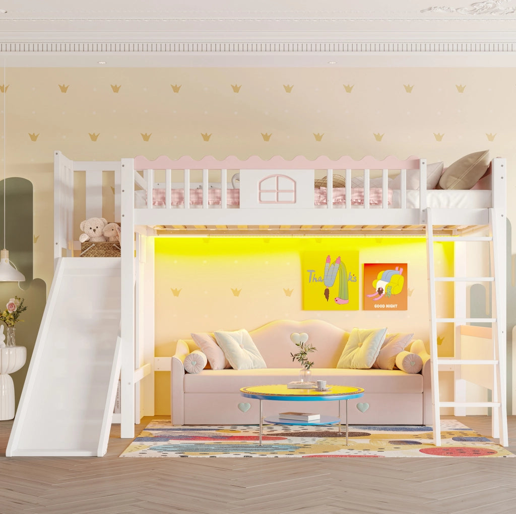 Letto a soppalco per bambini 90 x 200 cm con scivolo, LED e ripiani