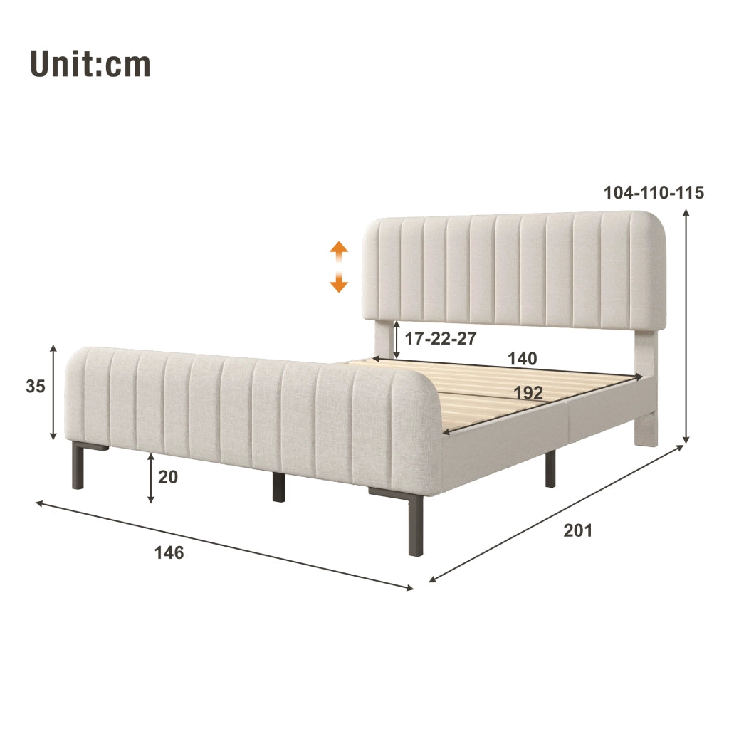 Letto imbottito 140 x 190 cm; letto matrimoniale con rete a doghe; testiera regolabile; telaio minimaliste; rivestimento in lino; grigio-beige chiaro