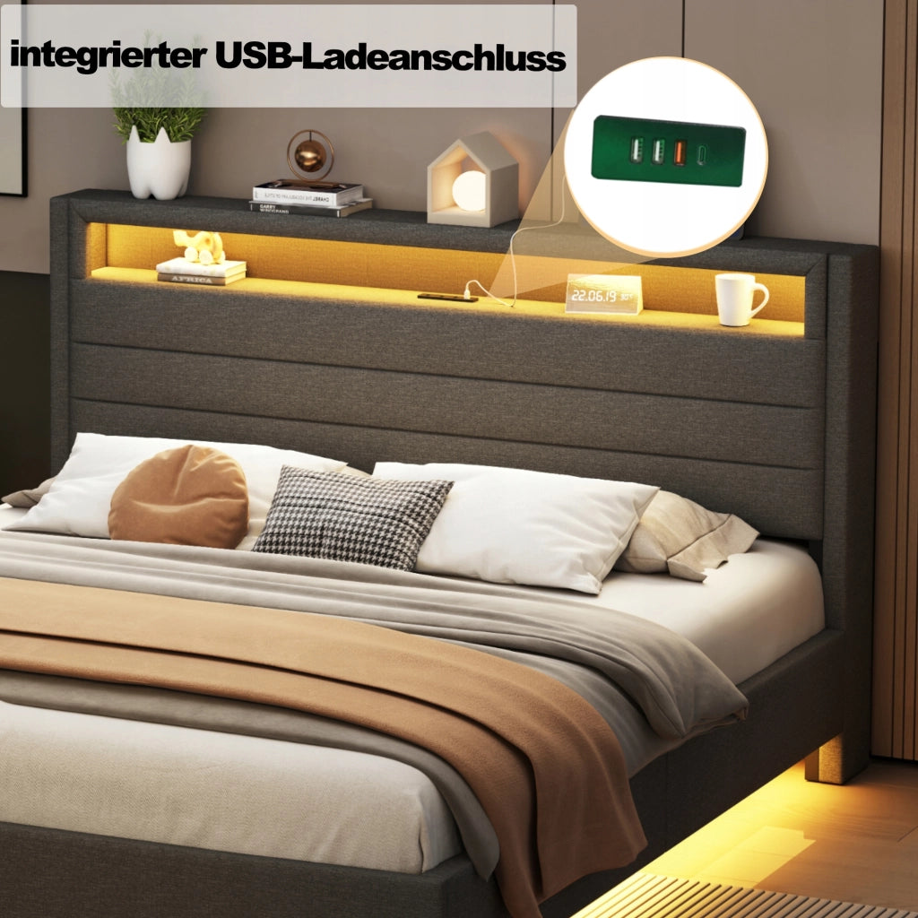 Letto imbottito 160x200 grigio con USB e LED - Xylo