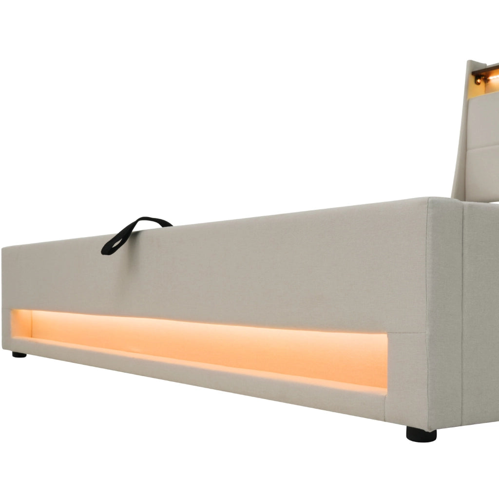 Letto imbottito 140x200 cm con LED; USB e contenitore; beige chiaro