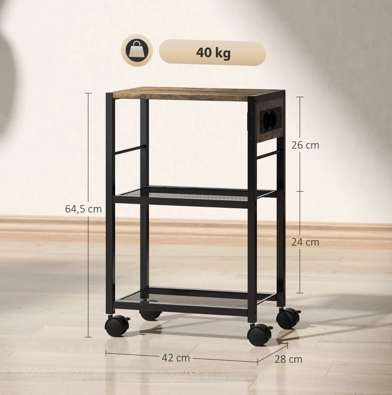 Supporto per stampante ULEVR 42x28x64,5 cm con 3 ripiani, prese elettriche USB e USB-C, ruote con freno, marrone rustico