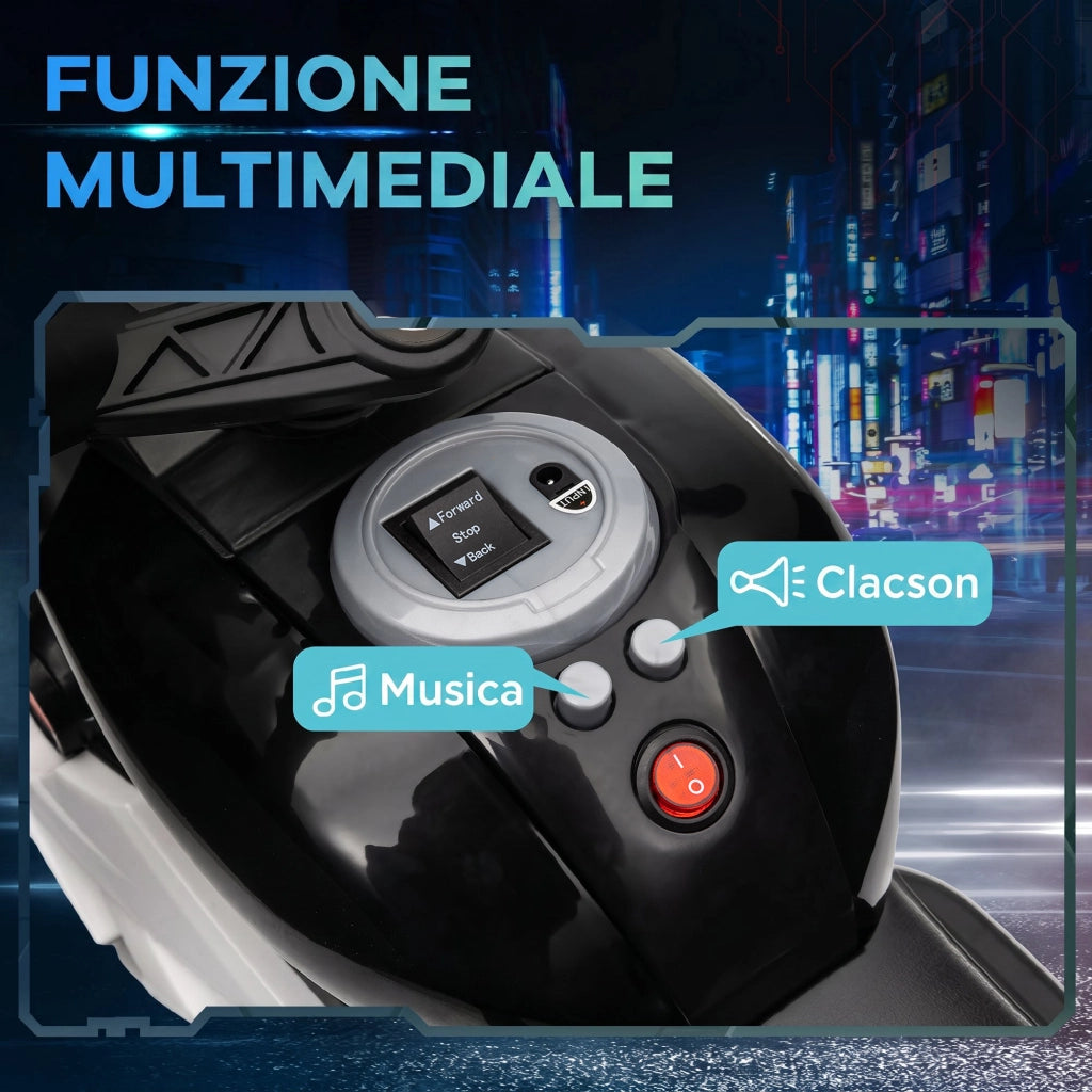 Moto Elettrica per Bambini 3-5 Anni 86x42x52 cm con 3 Ruote Luci e Suoni Batteria 6V Nero