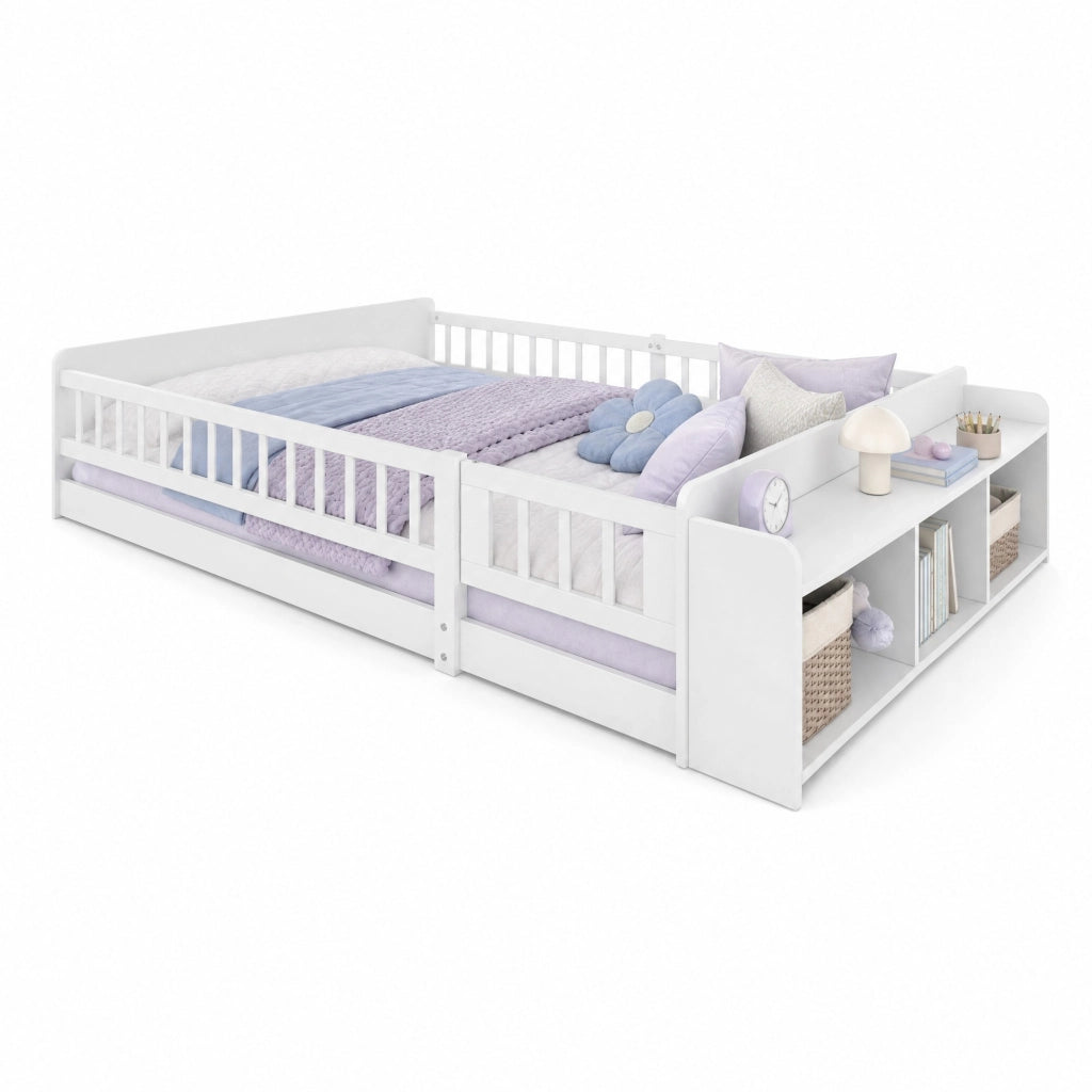 Letto per bambini 140 × 190 cm con ripiani e vano a giorno in legno di pino bianco con barriera apribile