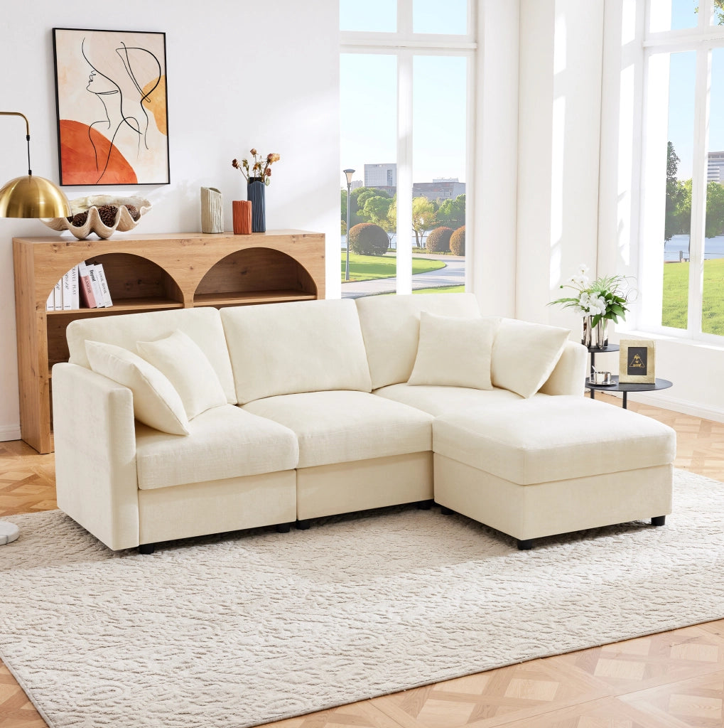 Divano 3 posti con pouf mobile e braccioli regolabili in ciniglia beige