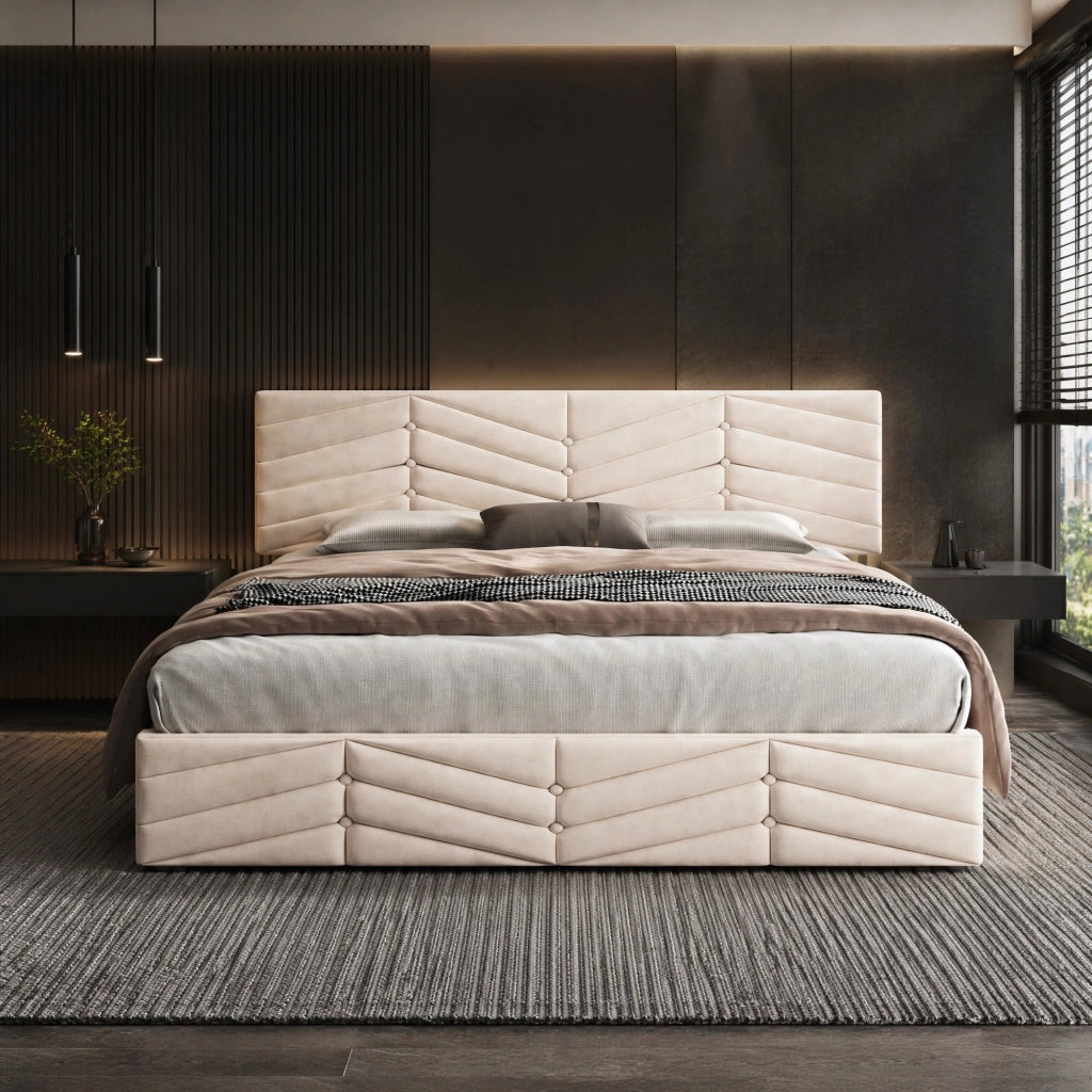 Letto imbottito 140x190 con testiera regolabile; velluto beige