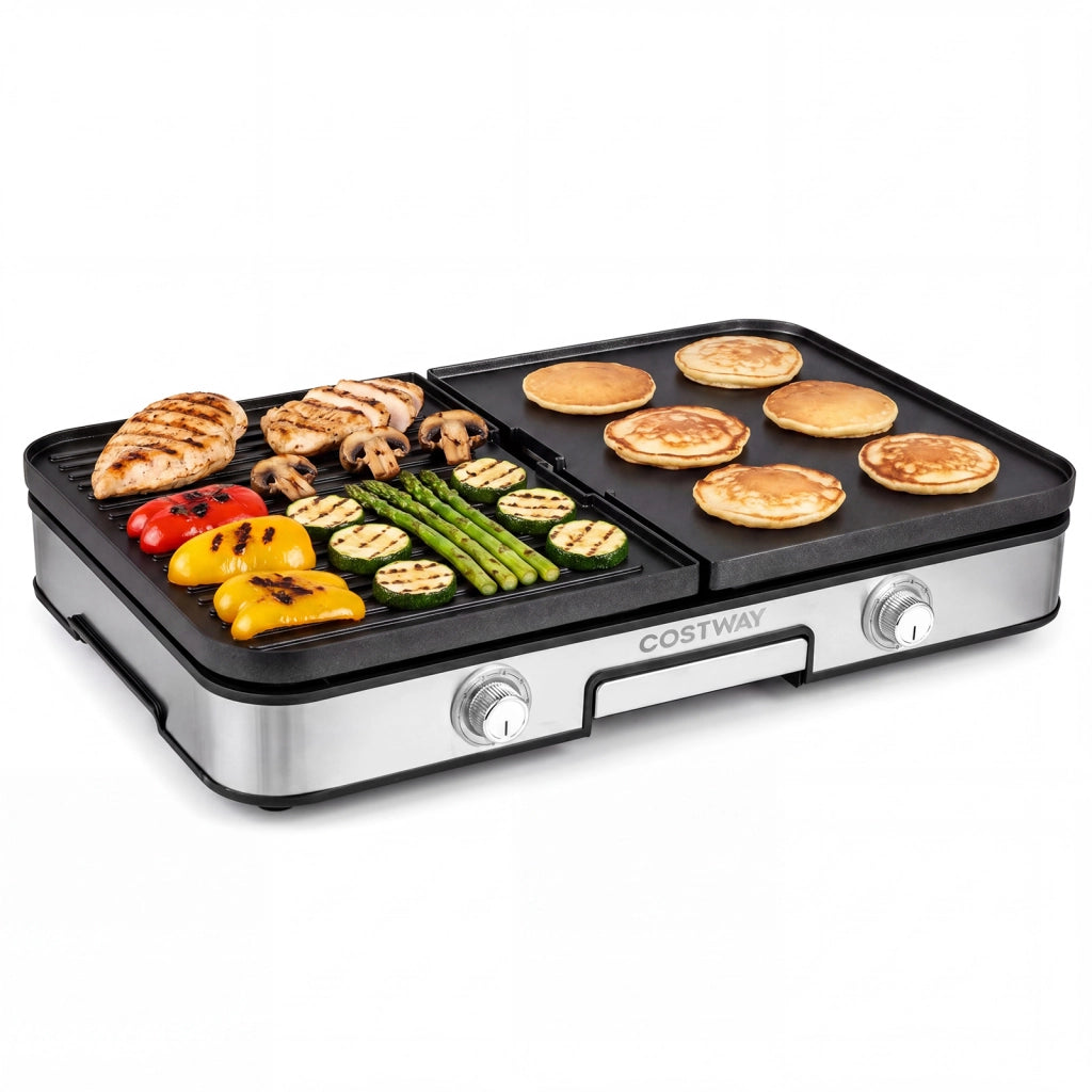 Griglia barbecue elettrica 3 in 1 piastra grill elettrica 2000w con 2 manopole per controllo della temperatura, Griglia da tavolo antiaderente