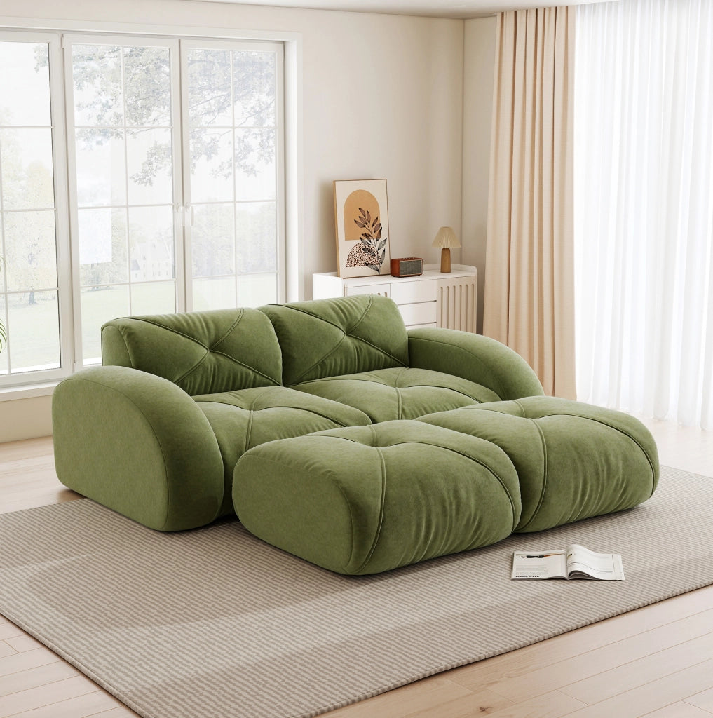 Divano modulare 204x171x76 cm in ciniglia verde con 2 pouf, senza montaggio