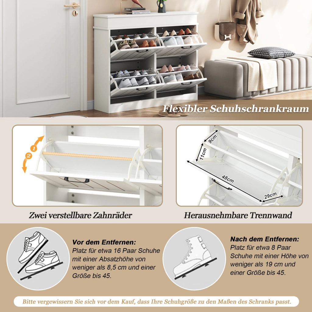 Scarpiera per ingresso con 4 ante a ribalta e 8 ripiani regolabili in MDF bianco 105 × 24 × 83 cm