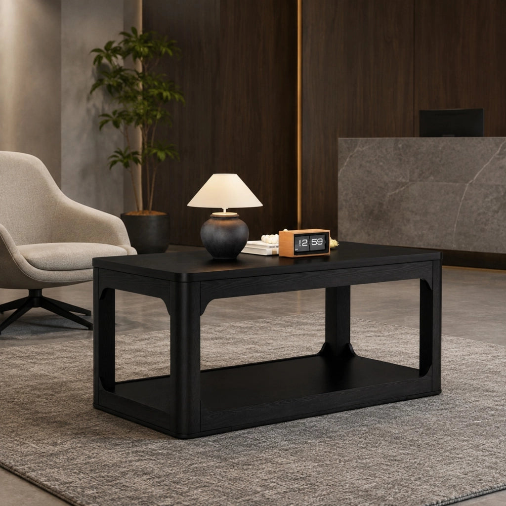 Tavolino da salotto con 2 ripiani aperti, design moderno in MDF nero, per soggiorno e camera da letto
