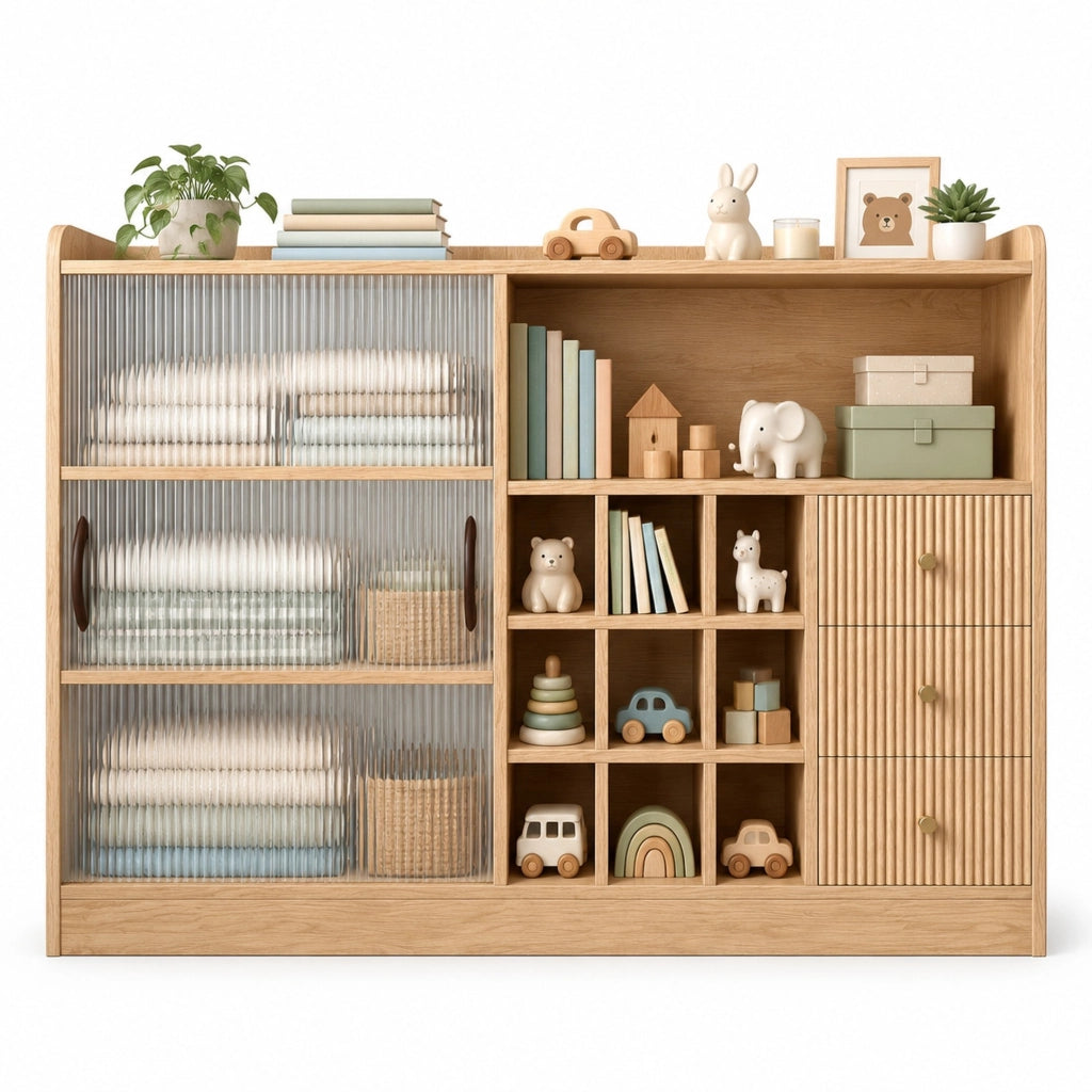 Mobile credenza portavino 120 cm con LED; ante scorrevoli in vetro e 3 cassetti; effetto legno naturale HOMVRA