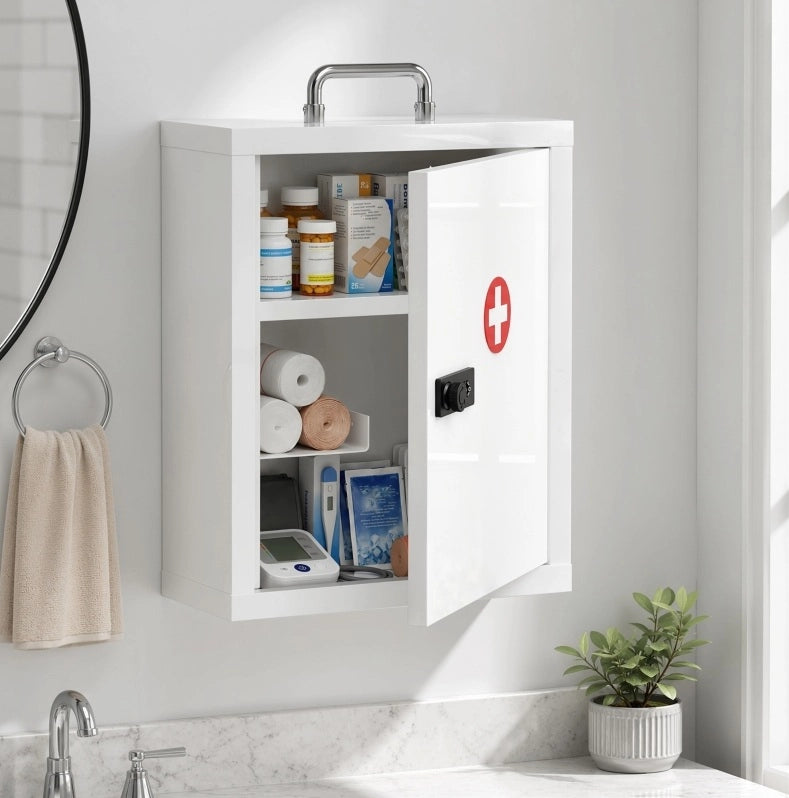 Armadio da Parete per Medicinali con Serratura a Combinazione, Acciaio Bianco, 3 Ripiani, 32x14x38 cm