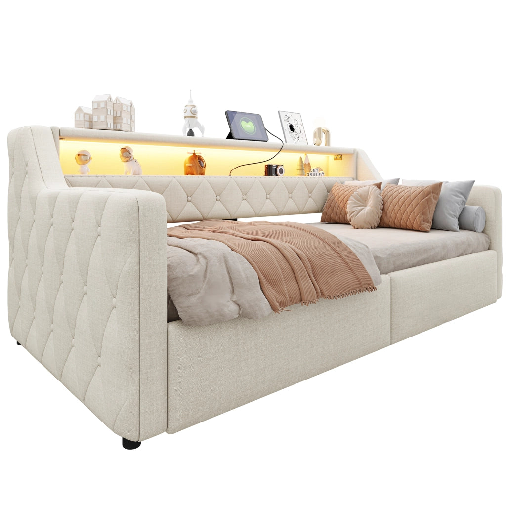 Letto contenitore 90 × 200 cm con vano idraulico LED; testiera sospesa USB e USB-C; lino e MDF beige