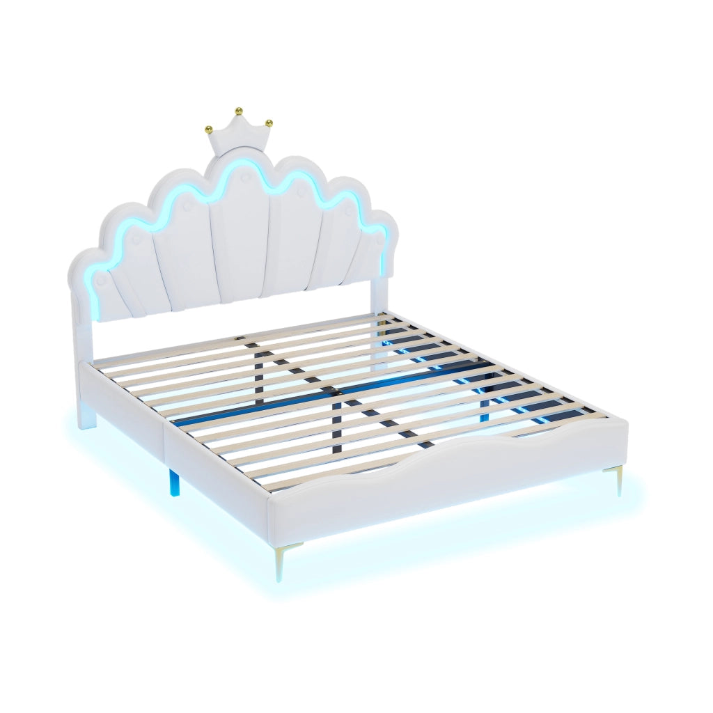 Letto principessa 140 x 200 cm a forma di corona in PU, imbottitura morbida, striscia LED regolabile - Bianco
