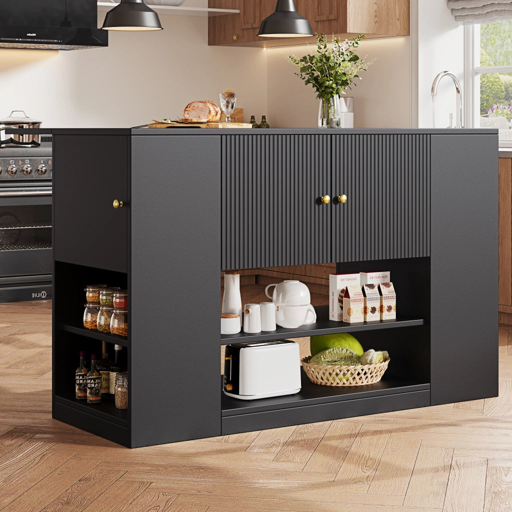 Isola da cucina con piano ribaltabile, 2 ante, cassetti e ripiani regolabili, nera in MDF per cucina, 140 × 40 × 90 cm