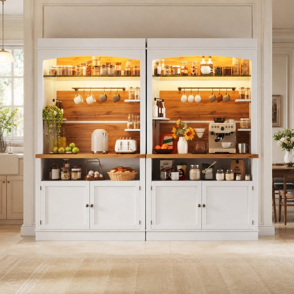 Credenza da cucina alta, set di 2 con LED RGB, 6 ganci e dispositivo antiribaltamento, MDF bianco, 107 × 34 × 184 cm