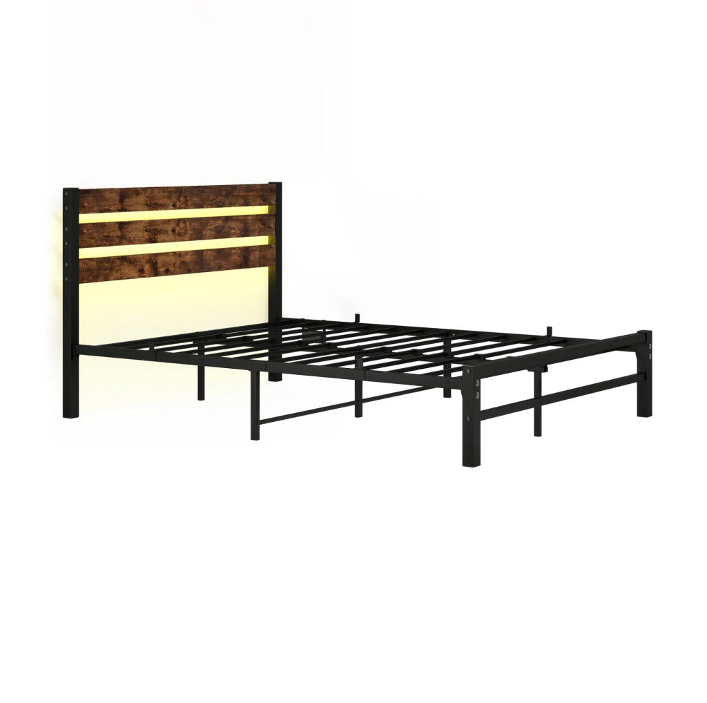 Letto con struttura in metallo 140x200 cm con testiera in legno, illuminazione LED RGB, porta USB e spazio contenitivo sottostante