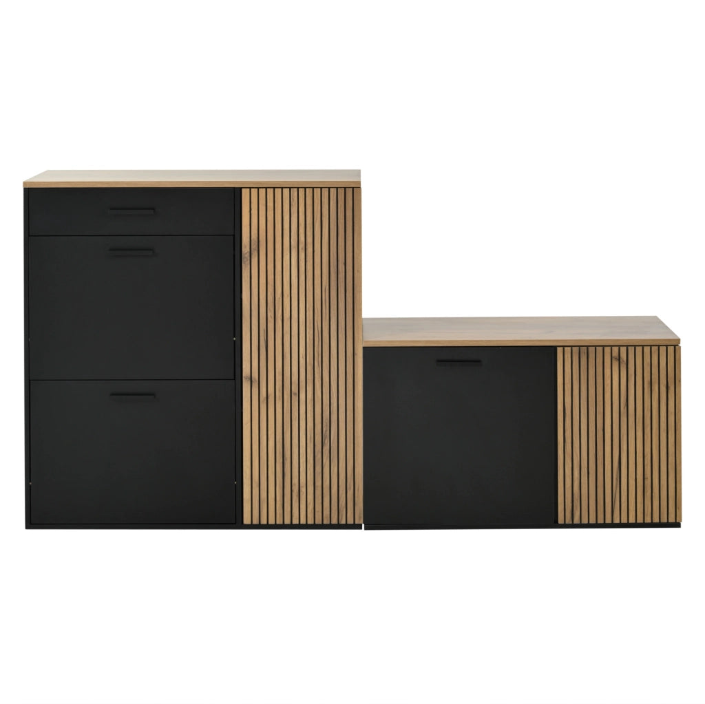 Set ingresso 5 pezzi con specchio, 2 armadietti, panca porta scarpe e appendiabiti nero e legno