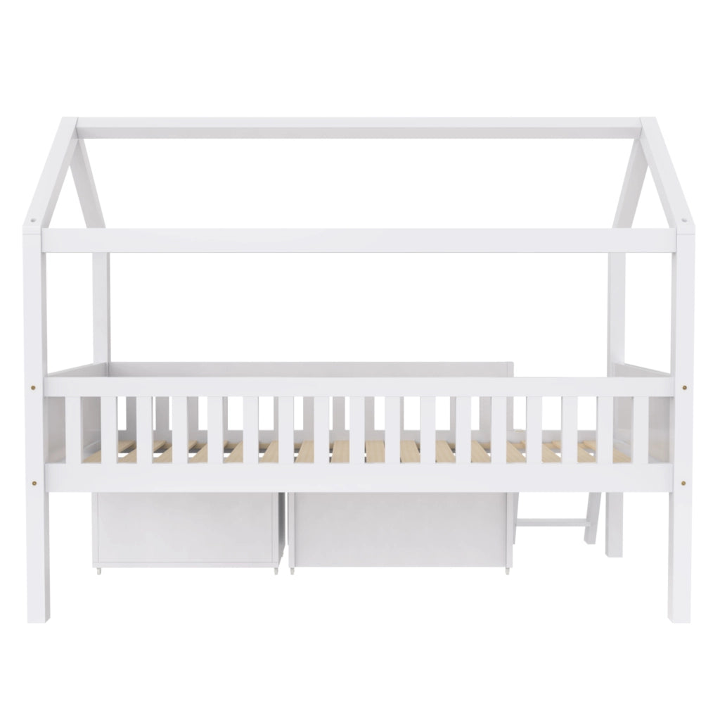 Letto a soppalco per bambini 200x90 cm con cassetti e ripiani, barriera anti-caduta, bianco, in legno di pino