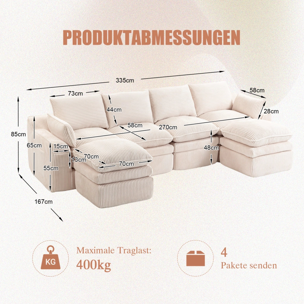 Divano modulare 335x167x85 cm in velluto a coste beige, 4 posti, salvaspazio