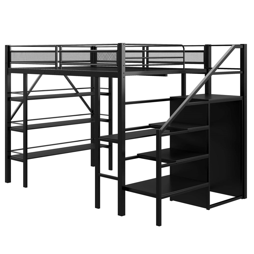 Letto a soppalco 140 × 200 cm con scrivania armadio scaffale a tre livelli scale reversibili in metallo nero