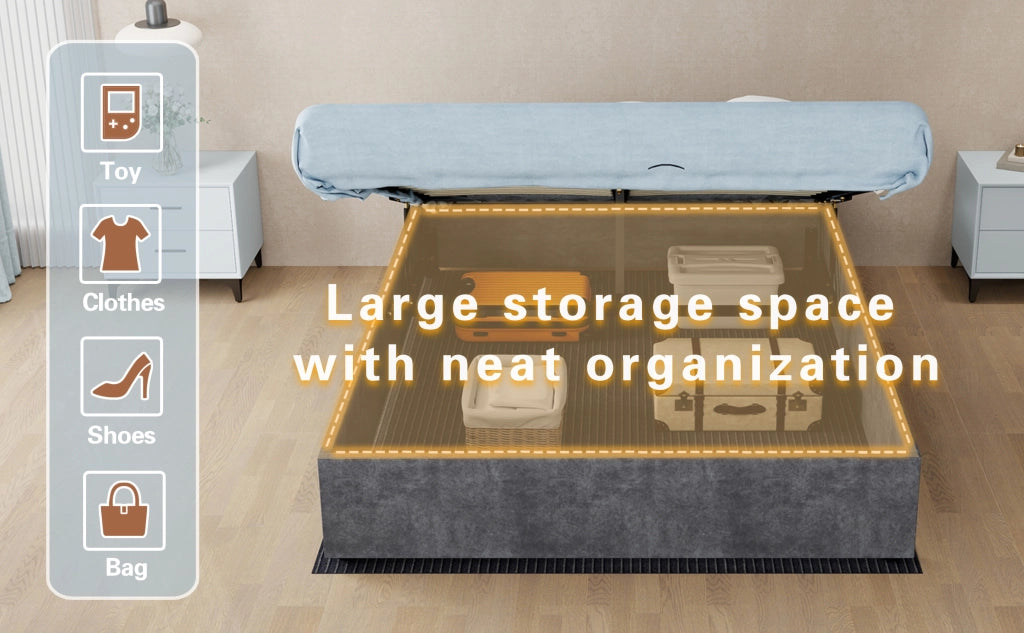 Letto contenitore imbottito con pistoni pneumatici, velluto olandese, grigio, 140x200 cm, senza materasso