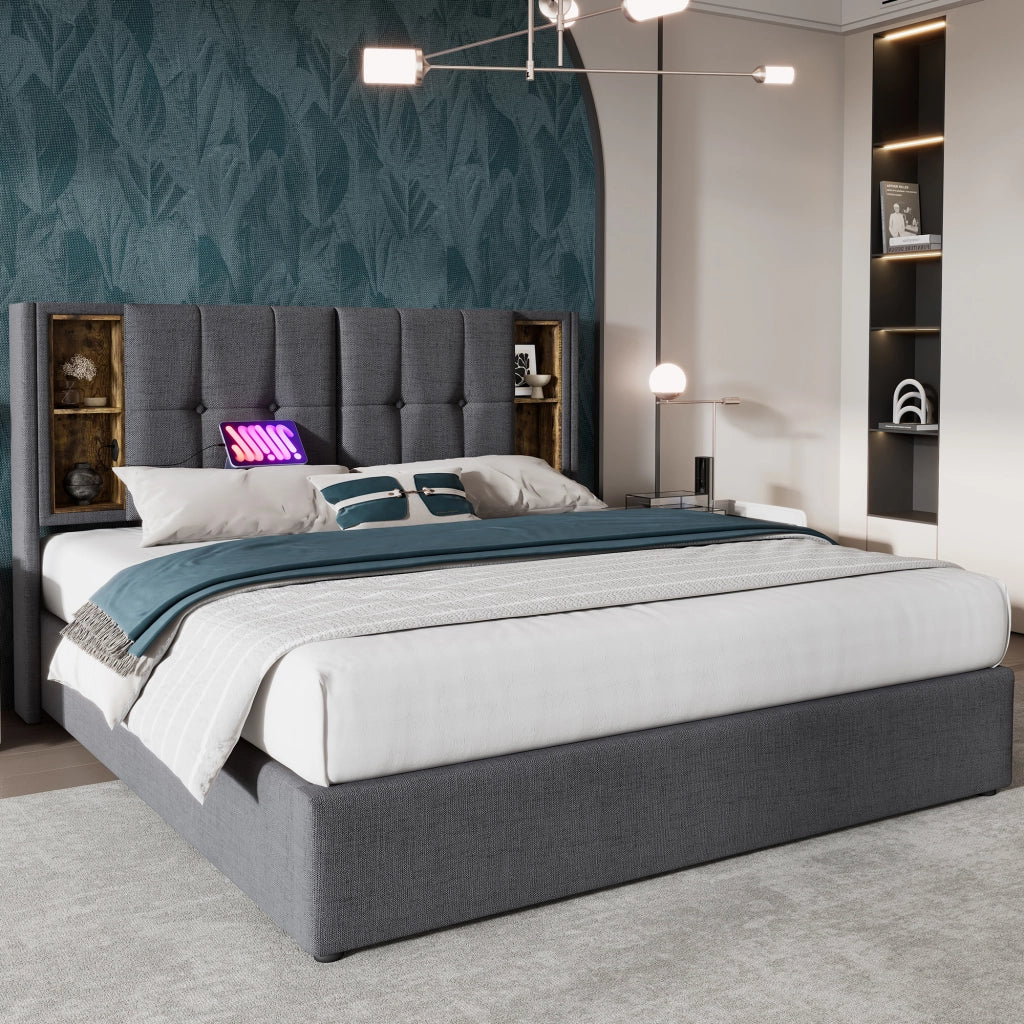 Letto contenitore 180 × 200 cm con ricarica wireless USB e USB-C testiera in cotone grigio con rete a doghe