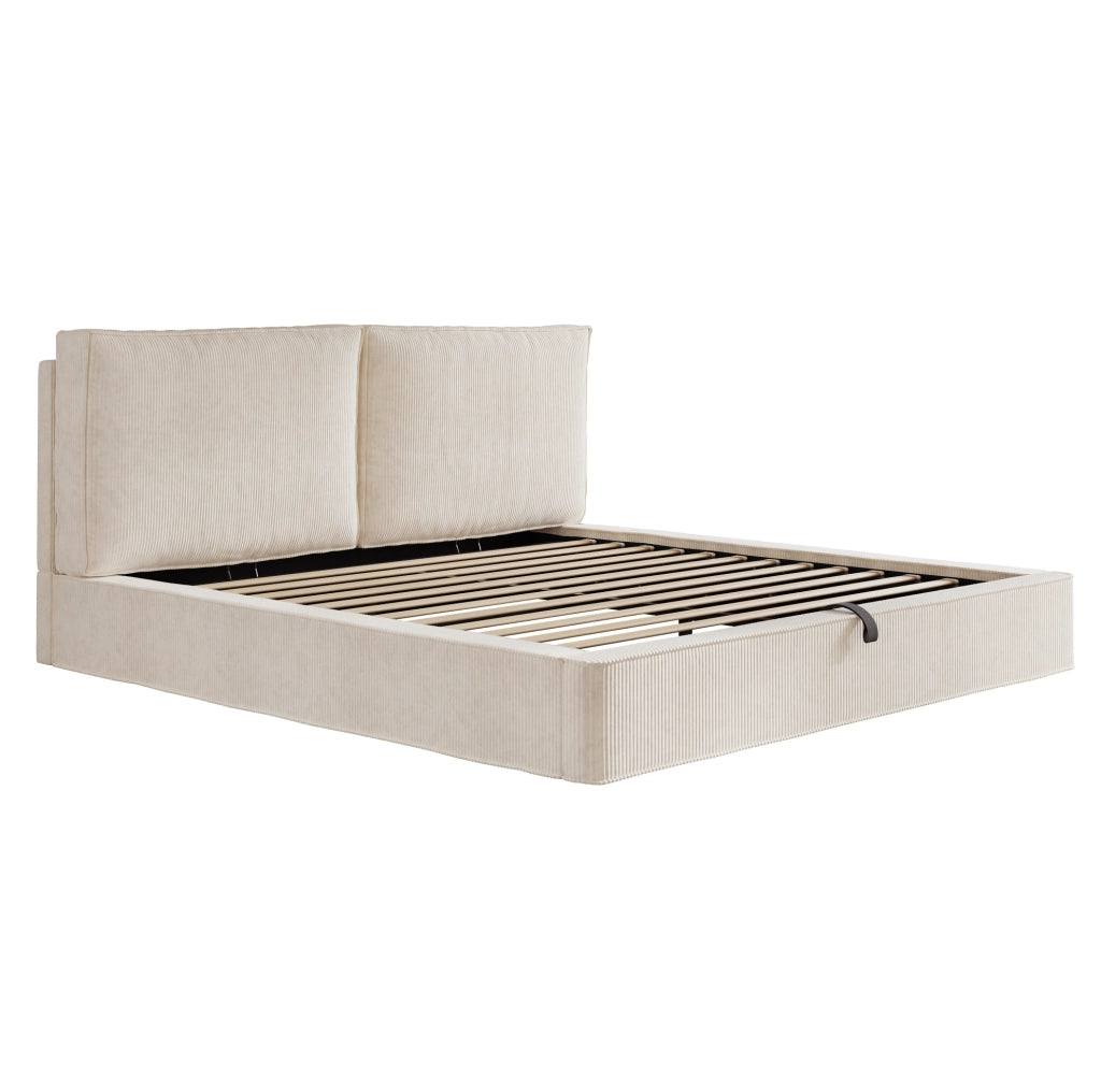 Letto 180x200 cm con contenitore idraulico e rete a doghe, rivestito in velluto a coste beige
