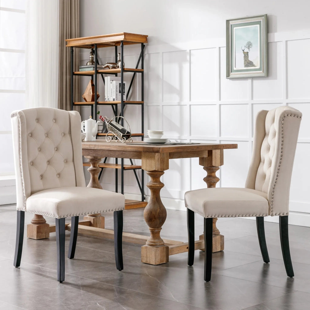 Set 2 Sedie da Pranzo in Velluto Beige con Gambe in Quercia, Bottoni e Borchie Cromate, per Soggiorno e Camera